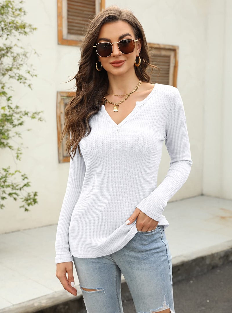 Farktop Women's V Neck Waffle Knit Henley Tops Casual Long Sleeve Pullover Sweater Blouses (White, Medium) - Image 5